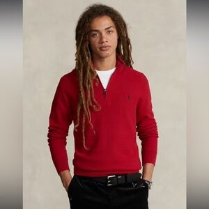 Polo Ralph Lauren Red Mesh-Knit Cotton Quarter-Zip Pullover Cozy Sweater - Sz SP